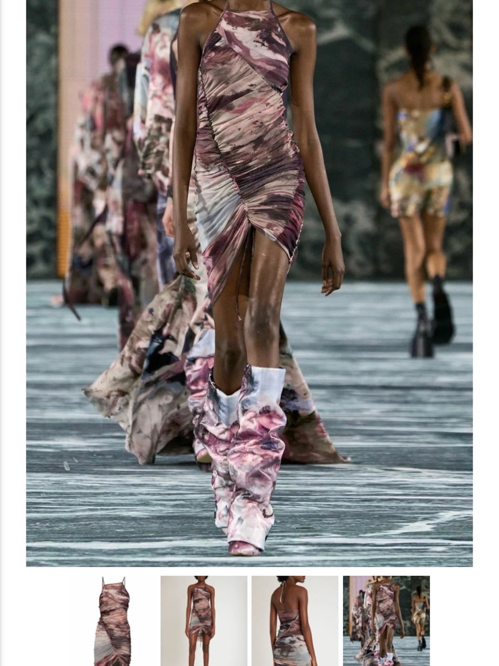Balmain Marble-Print Halter Ruched Mini Dress in Mauve and Blush